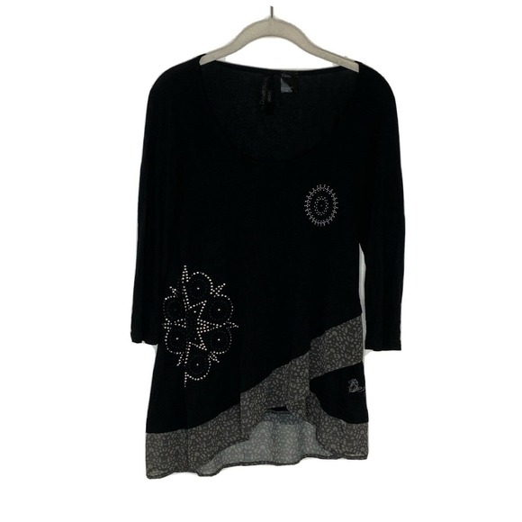 Desigual Black Beaded Asymmetrical Chiffon Top - Picture 1 of 6